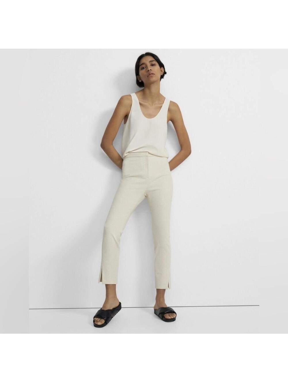 Theory Size 8 Women's Straight Slit Pant Waffle-Knit Cotton Dress Pants Cream